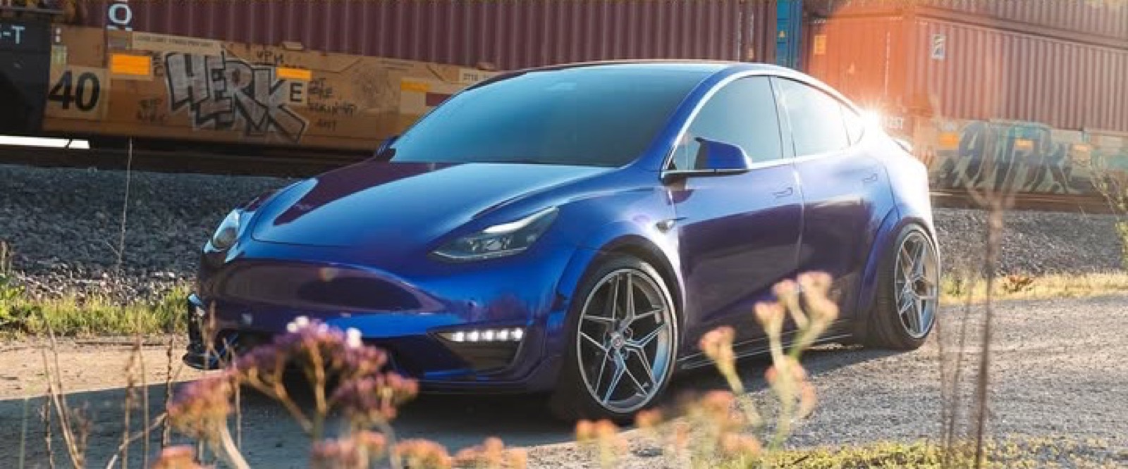 Deep blue Model Y with tinted glass